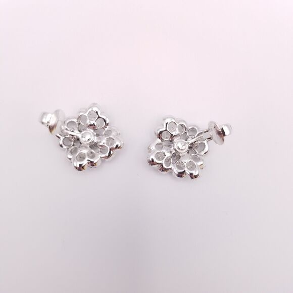 Vtg Sarah Coventry Clip On Earrings Silver Tone Floral Clear Rhinestone Textured - Picture 6 of 7